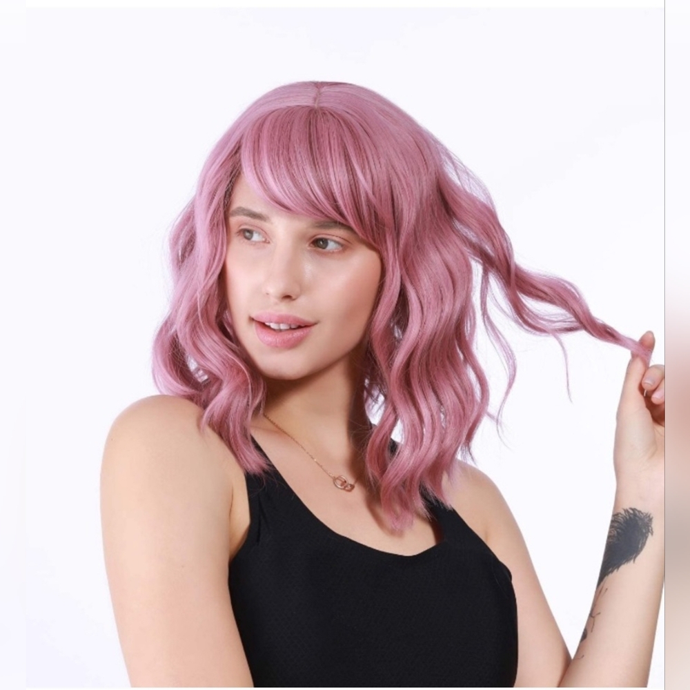 Wavy Wig With Air‎ Bangs Women's Short Bob Purple Pink Wigs Curly Wavy Shoulder